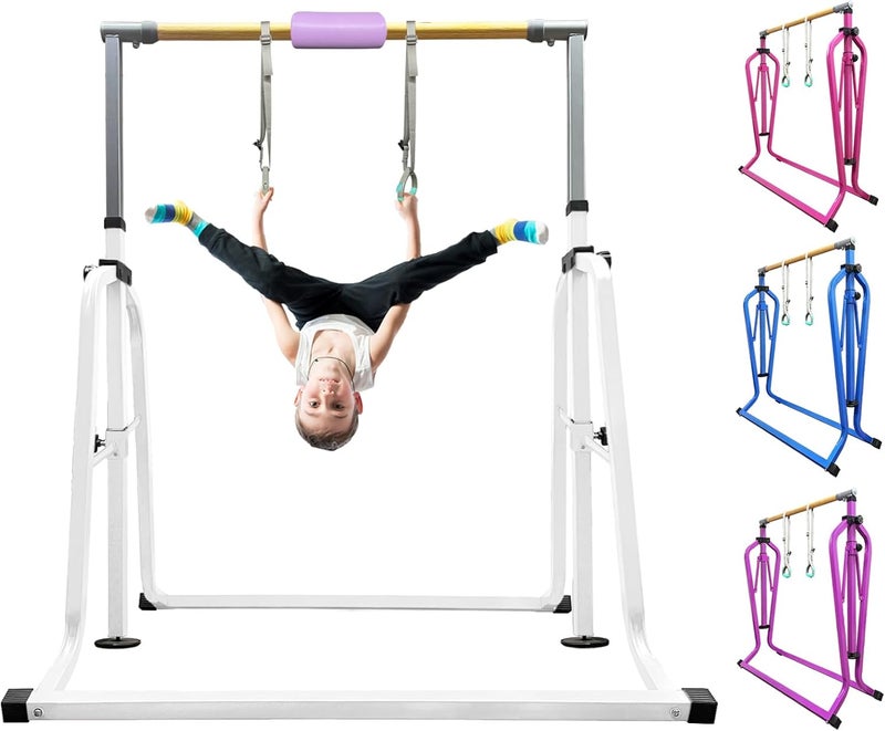 kechery Foldable & Moveable Gymnastics Horizontal Bar with Rings,3’to 5’Adjustable Height Expandable Junior Kip Bar for Home,Indoor Gym Equipment for Kids - Image 1